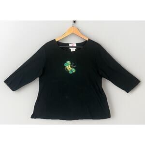 Quacker Factory Top Sz L Black Bee Embroidery Sequin Beaded 3/4 Sleeve Cotton
